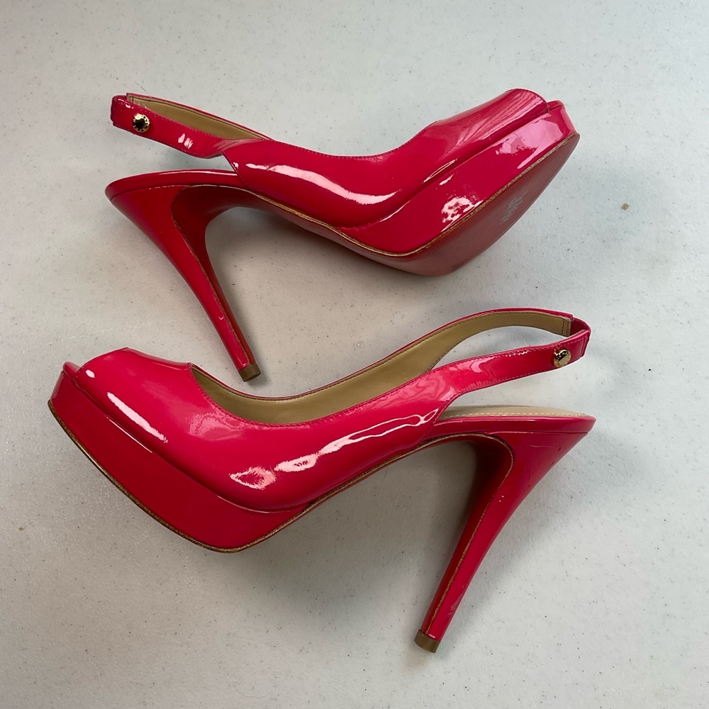 Michael Kors Women's Patent Leather Pink Peep Toe Slingback Heels sassy prom - Picture 6 of 10